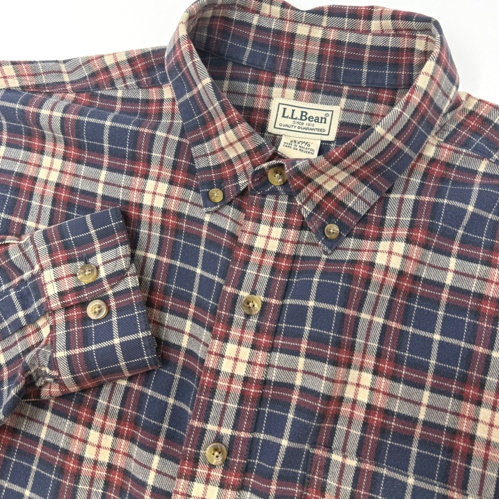 LL Bean Mens Large Regular Plaid Flannel Shirt Navy Blue Burgundy Cotton